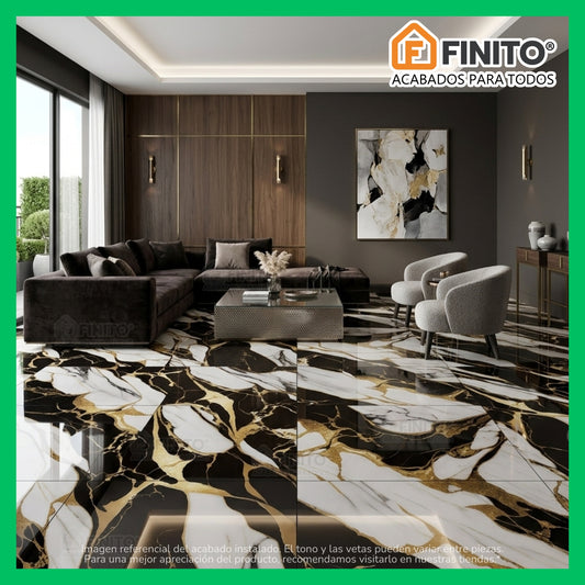 PORCELANATO PULIDO ESTILO MARMOLIZADO PISO PARED NEGRO DORADO BLANCO NOIR GOLD MARBLE 60×60CM 1.44MT2