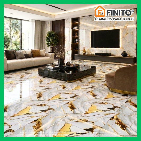 PORCELANATO PULIDO ESTILO MARMOLIZADO PISO PARED BLANCO CON VETAS DORADAS CARRARA IMPERIAL GOLD 60×60CM 1.44MT2