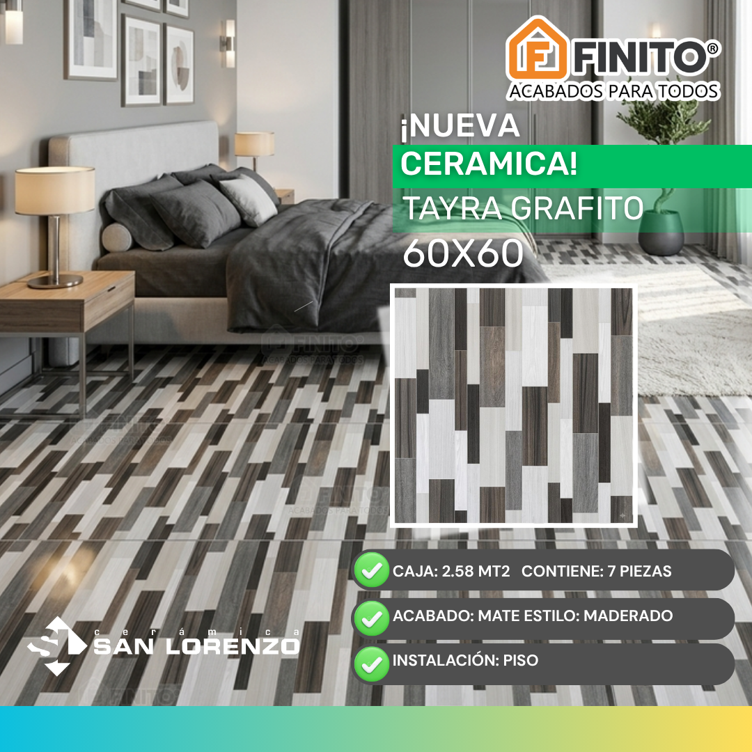 Cerámica Mate Maderado 60x60 2.58Mt2 Tayra Grafito