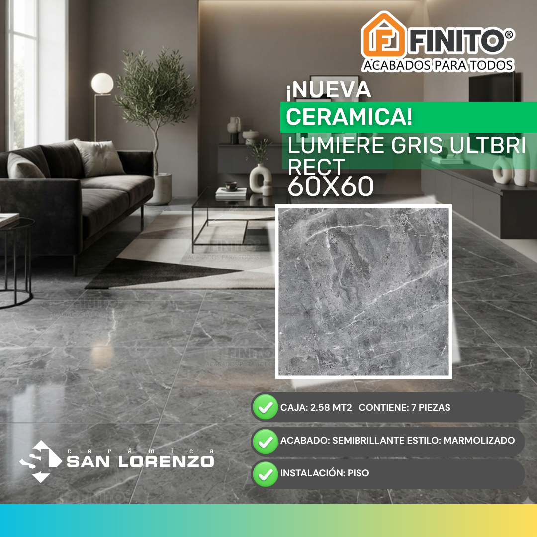 Ceramica Semibrillante Marmolizado 60x60 2.58Mt2 Lumiere Gris Ultra brillo Rectificado
