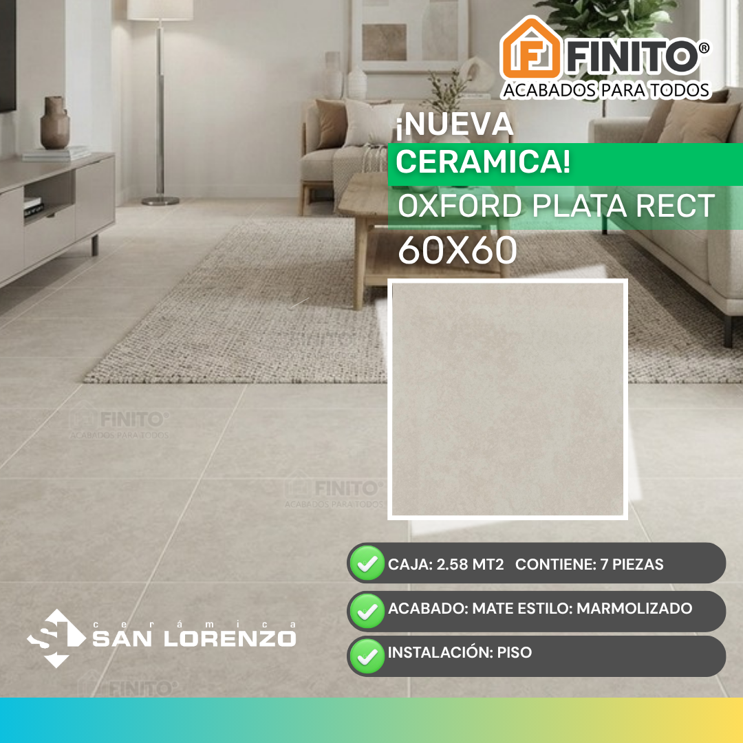 Cerámica Mate Marmolizado 60x60 2.58Mt2 Oxford Plata Rectificado
