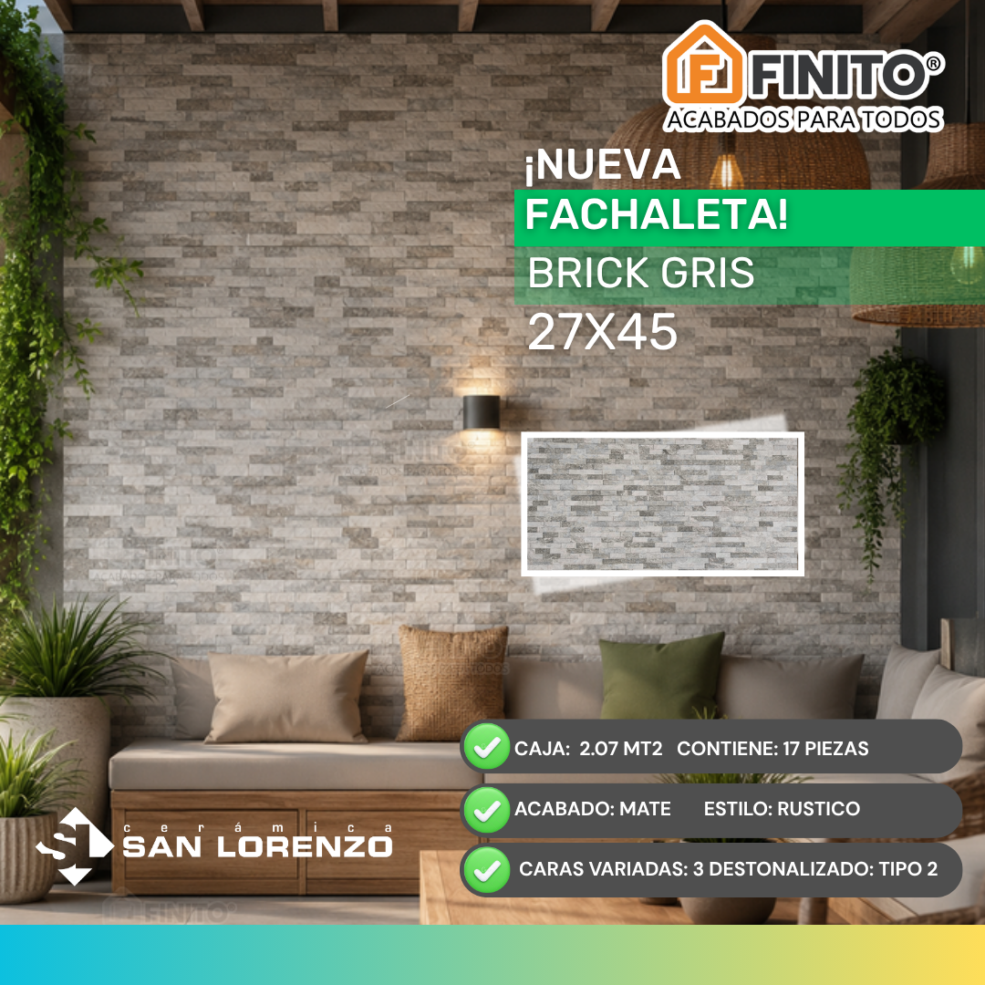Fachaleta Mate Rústico 27x45 2.07Mt2 Brick Gris