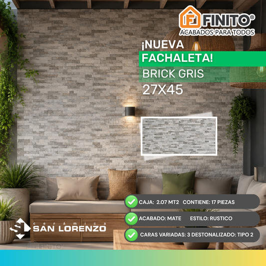 Fachaleta Mate Rústico 27x45 2.07Mt2 Brick Gris
