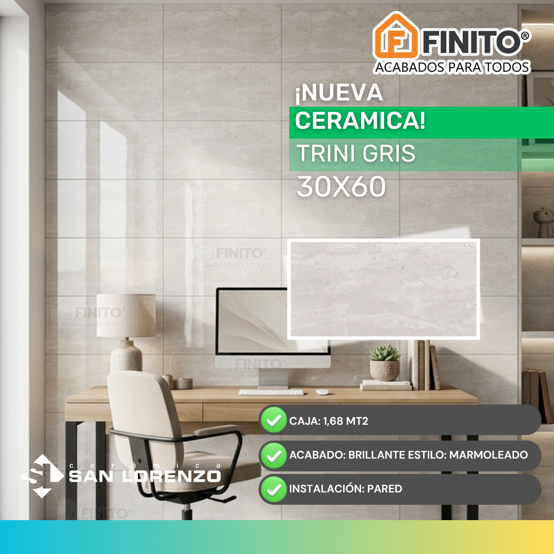 Ceramica Brillante Marmoleado 30x60 1.68Mt2 Trini Gris