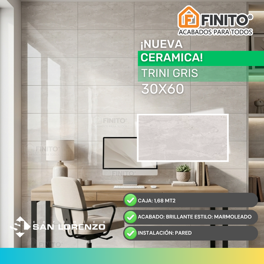 Ceramica Brillante Marmoleado 30x60 1.68Mt2 Trini Gris