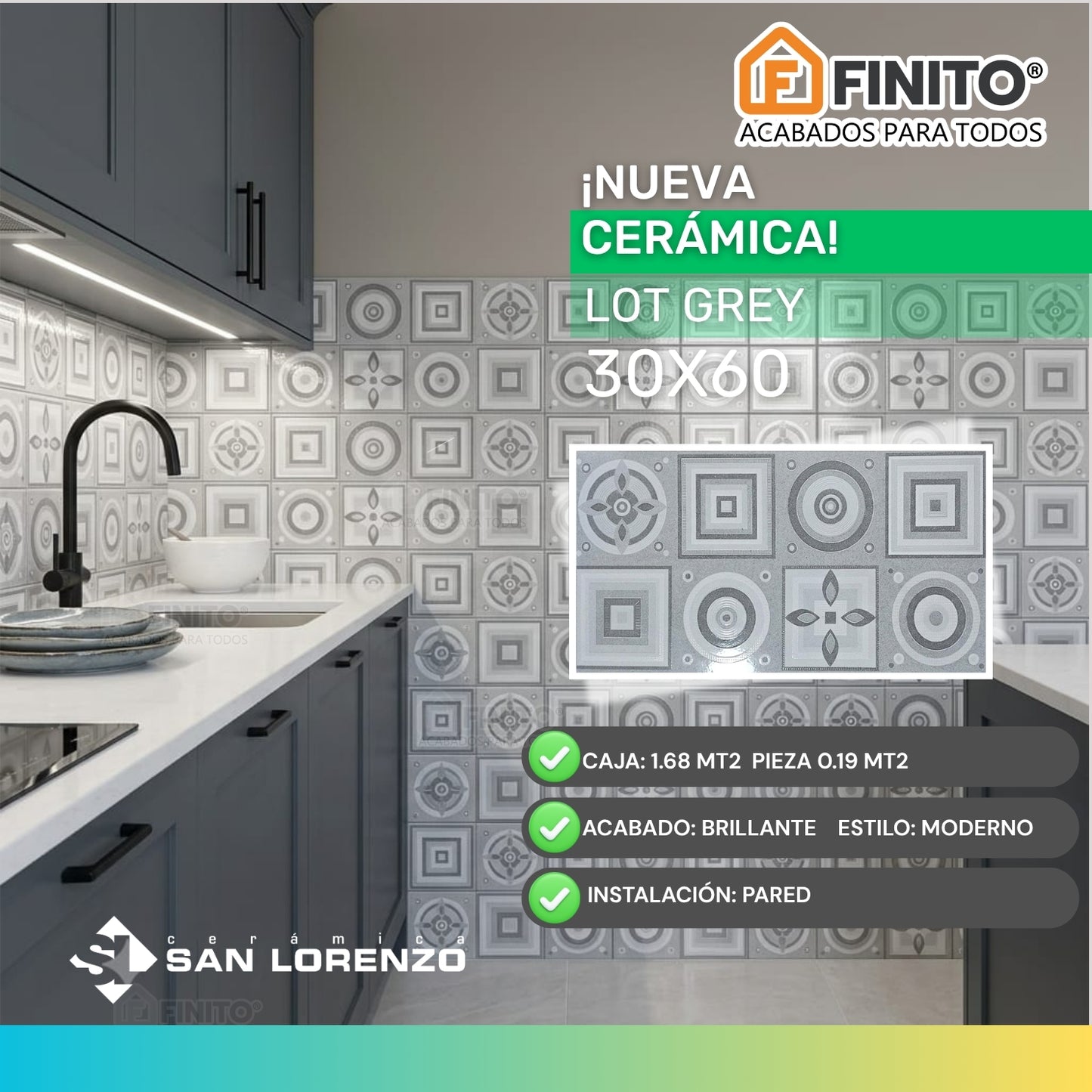 Ceramica Brillante 30x60 1,68Mt2 Lot Grey