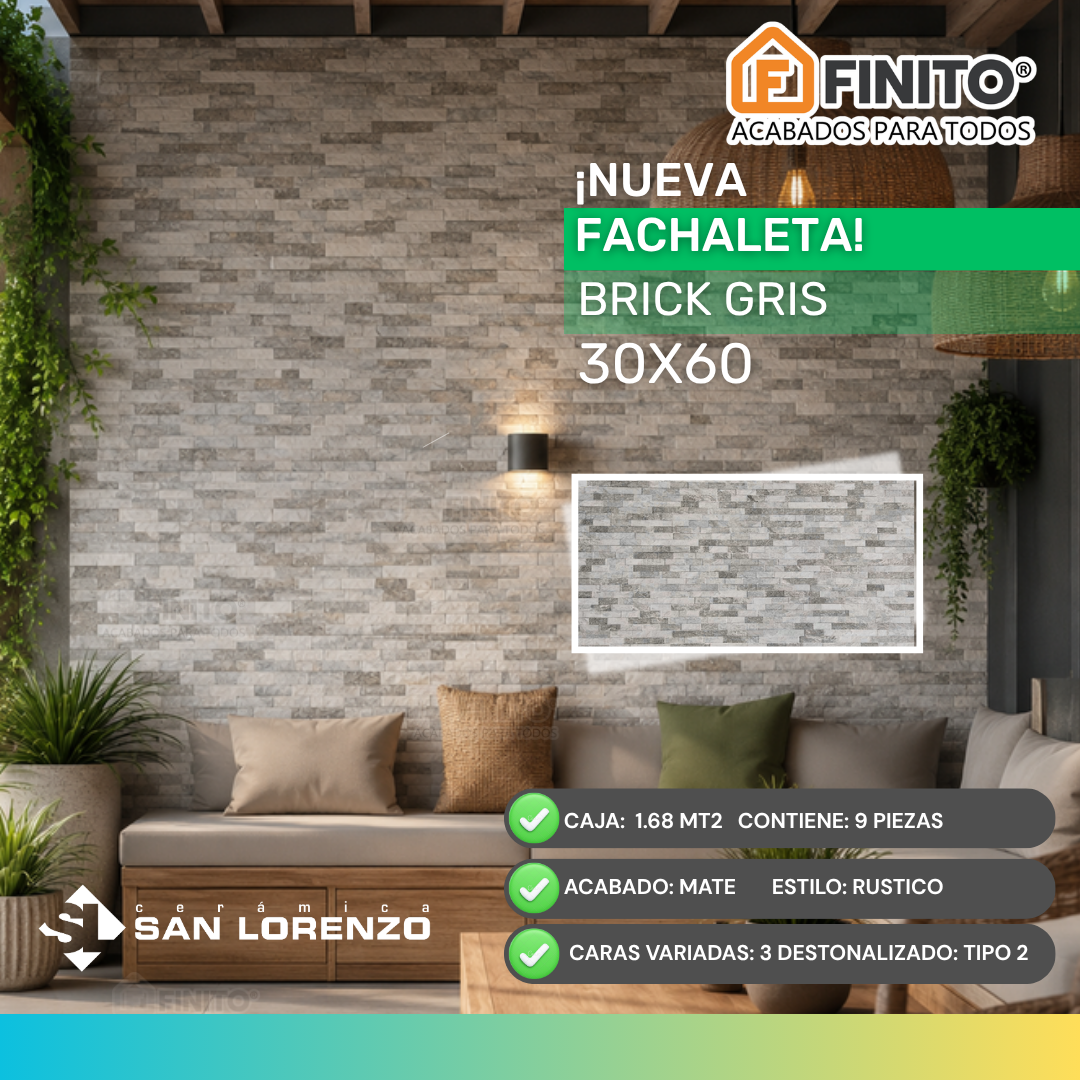 Fachaleta Mate Rústico 30x60 1.68Mt2 Brick Gris