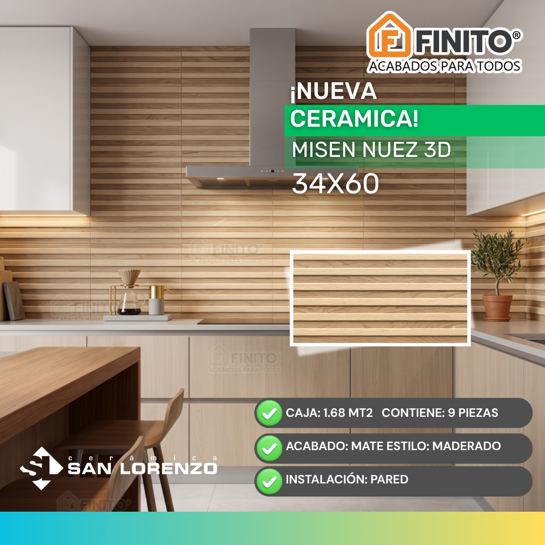 Cerámica Mate Maderado 34×60 1.68Mt2 Misen Nuez 3D