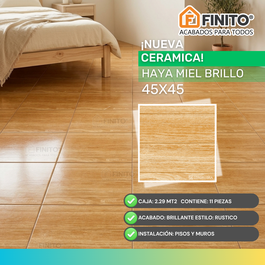 Cerámica Brillante Maderado 45x45 2.29Mt2 Haya Miel Brillo