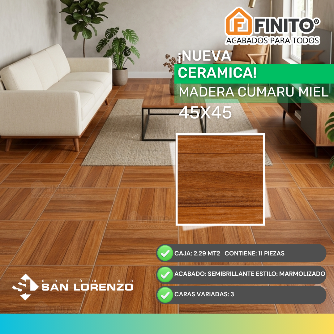 Cerámica Semibrillante Maderado 45x45 2.29Mt2 Madera Cumaru Miel