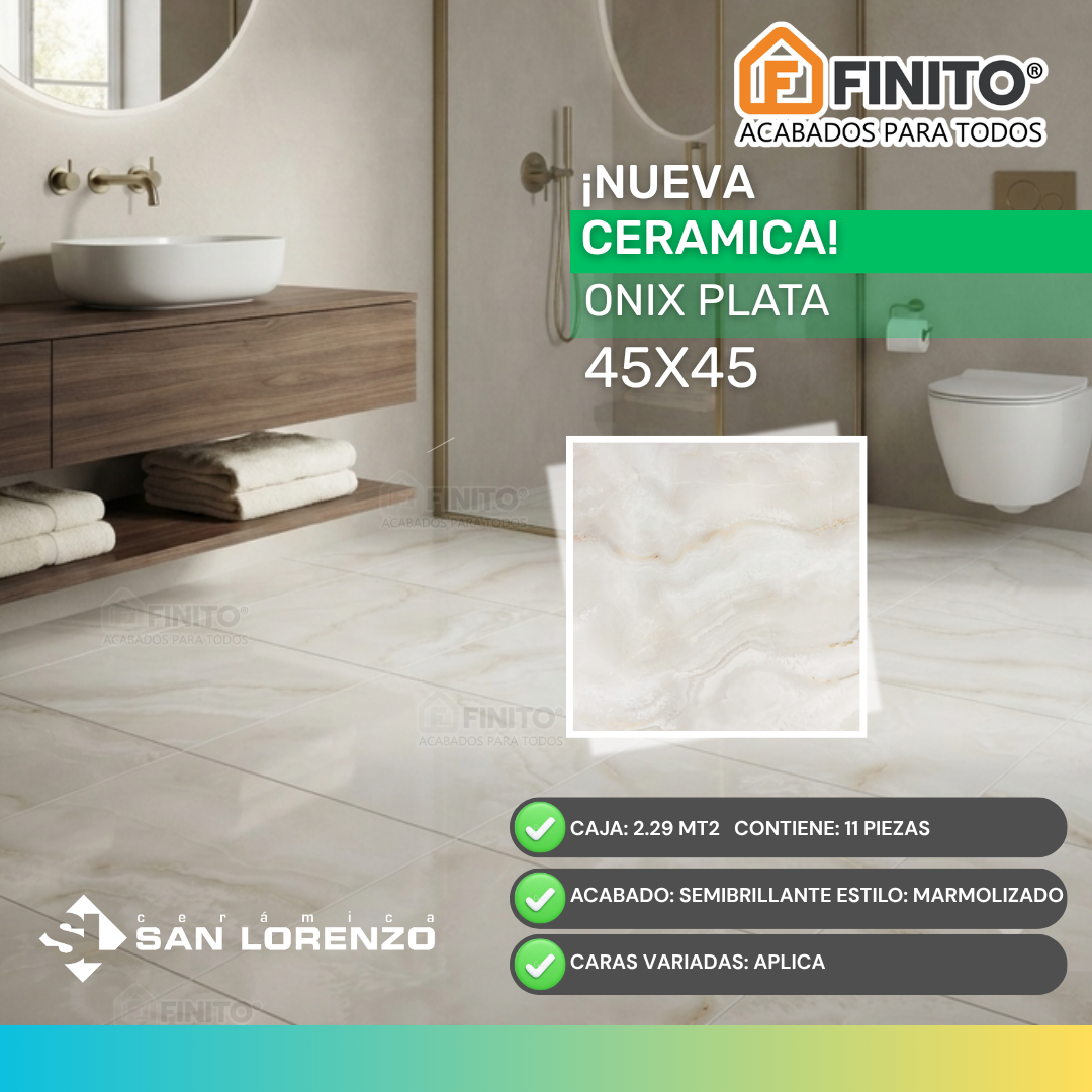 Cerámica Semibrillante Marmolizado 45x45 2.29Mt2 Onix Plata