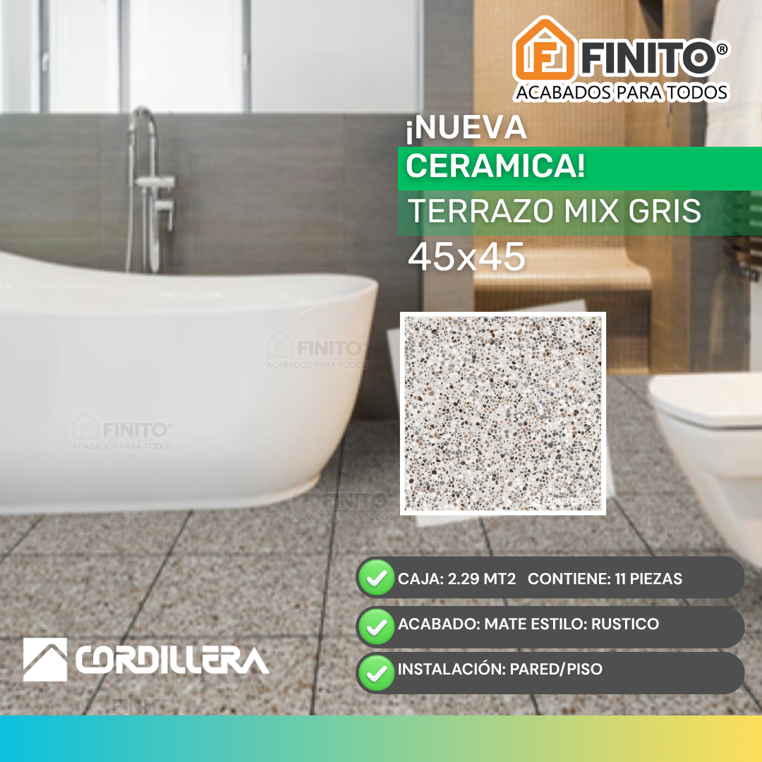 Cerámica Mate Rústico 45x45 2.29Mt2 Terrazo Mix Gris