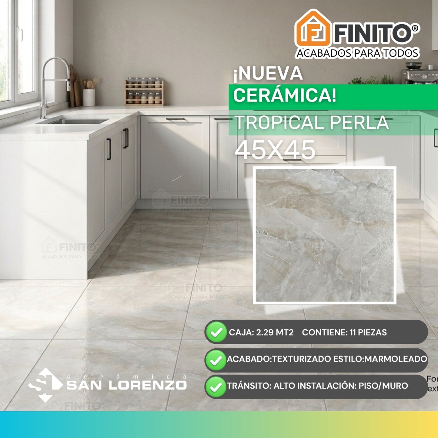 Ceramica Marmolizada 45x45 2,29Mt2 Tropical Perla