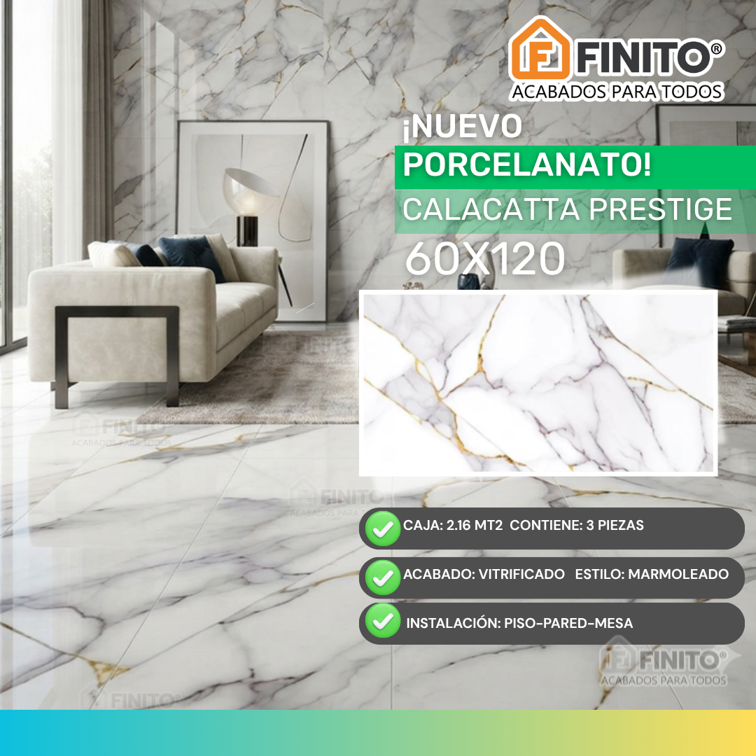 Porcelanato Vitrificado Marmolizado 60x120 2.16Mt2 Calacatta Prestige