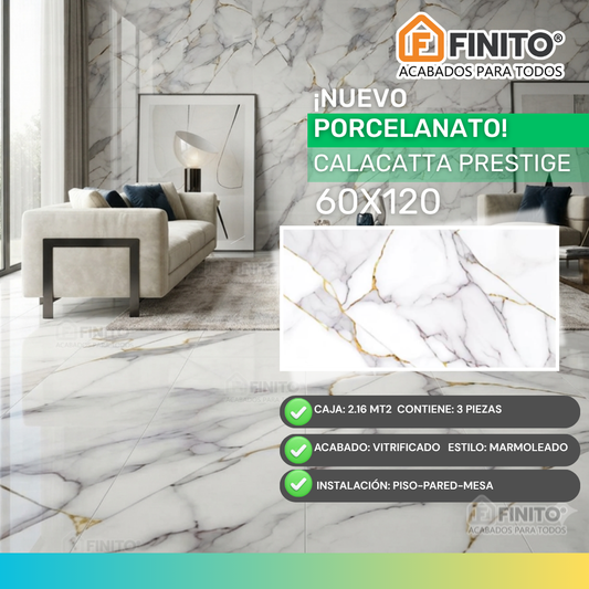 Porcelanato Vitrificado Marmolizado 60x120 2.16Mt2 Calacatta Prestige