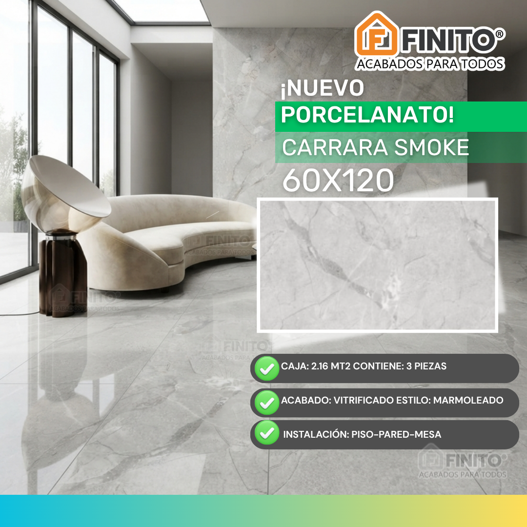 Porcelanato Vitrificado Marmolizado 60x120 2.16Mt2 Carrara Smoke