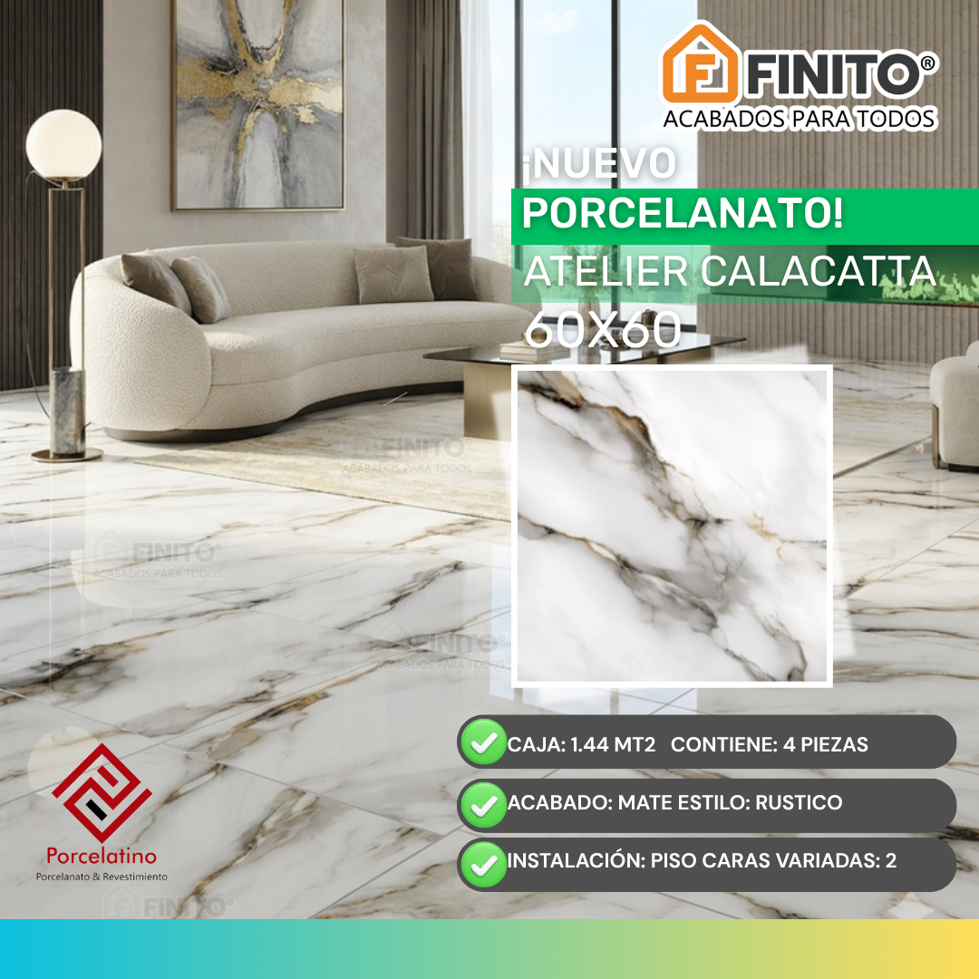 Porcelanato Brillante Marmolizado 60x60 1.44Mt2 Atelier Calacatta