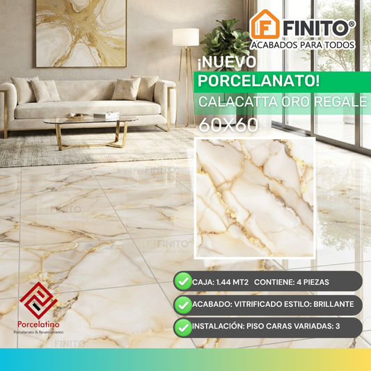 Porcelanato Brillante Marmolizado 60x60 1.44Mt2 Calacatta Oro Regale