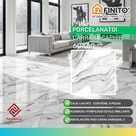 Porcelanato Brillante Marmolizado 60x60 1.44Mt2 Carrara Saphir