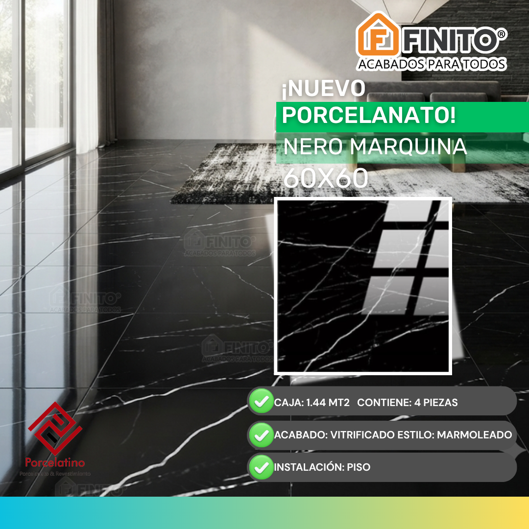 Porcelanato Vitrificado 60x60 1.44Mt2 Nero Marquina