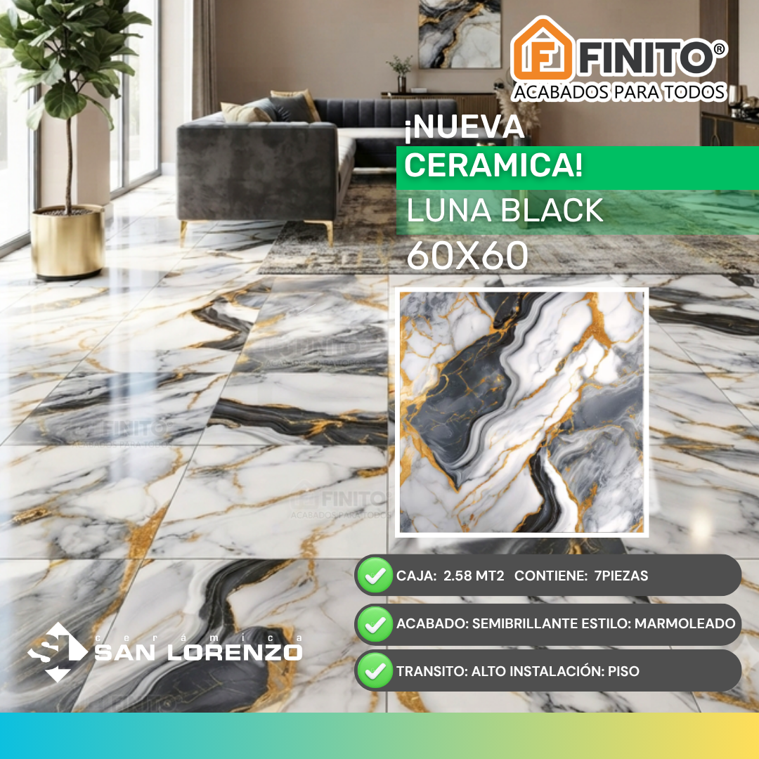 Cerámica Semibrillante Marmolizado 60x60 2.58 MT2 Luna Black