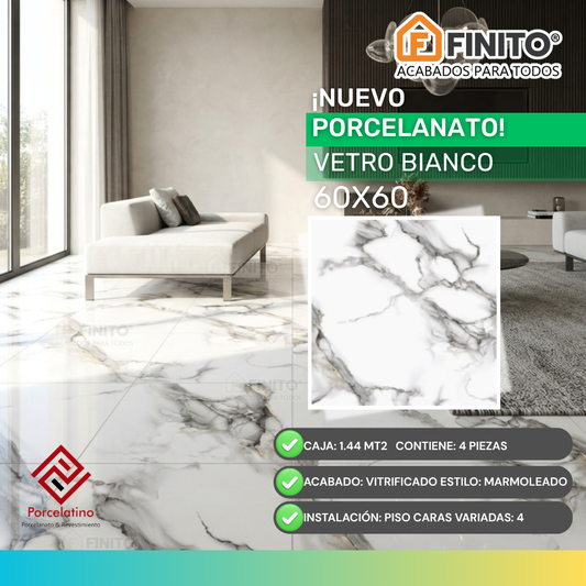 Porcelanato Brillante Marmolizado 60x60 1.44Mt2 Vetro Bianco