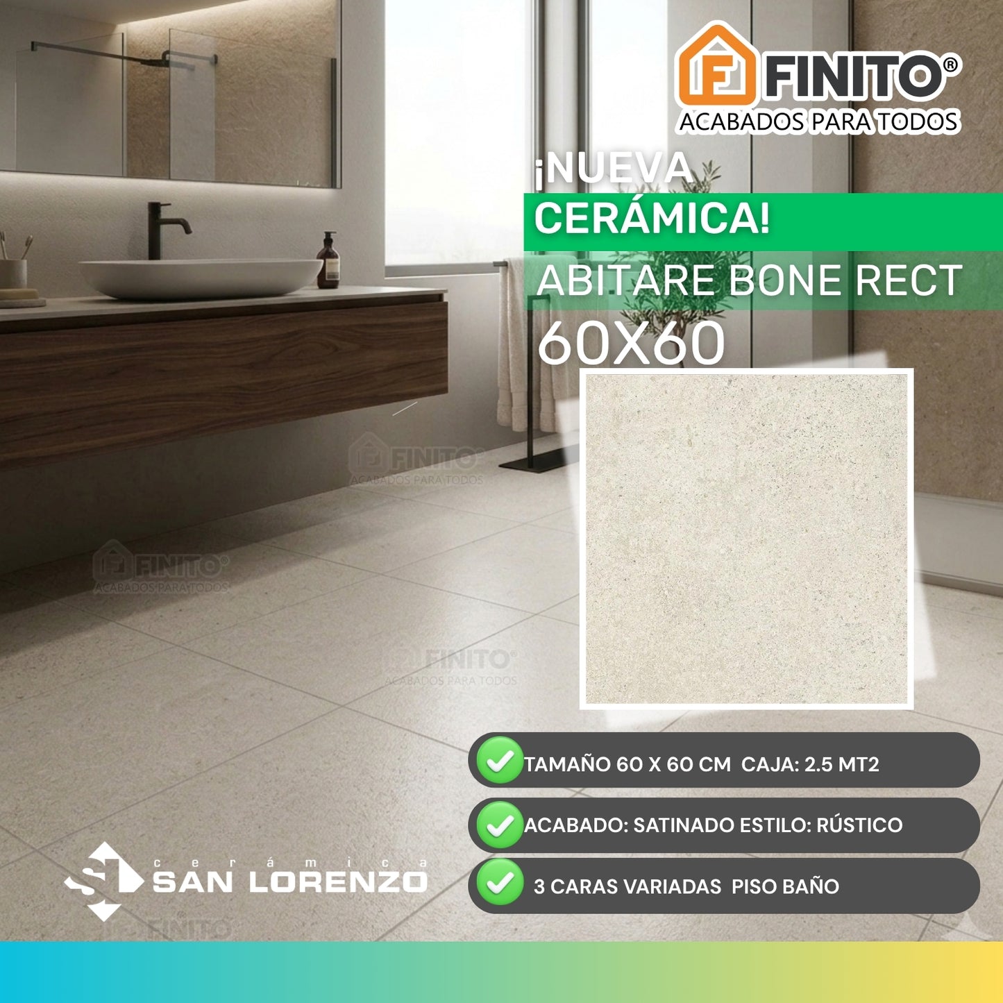 Ceramica Antideslizante 60x60 2,50Mt2 Abitare Bone Rect