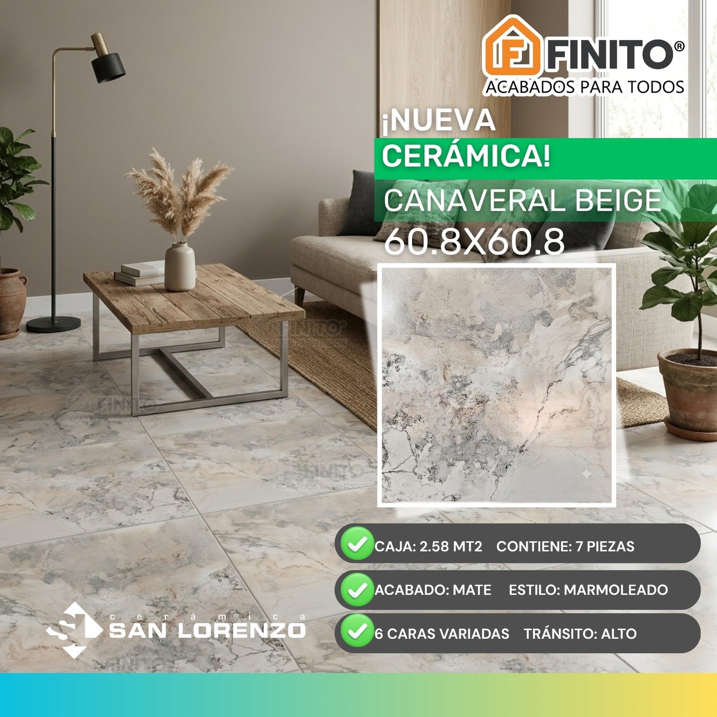 Cerámica Marmolizada  60.8x60.8 2.58Mt2 Canaveral Beige