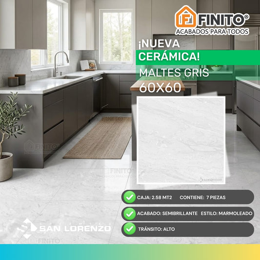 Ceramica Marmolizada 60x60 2.58Mt2 Maltes Gris