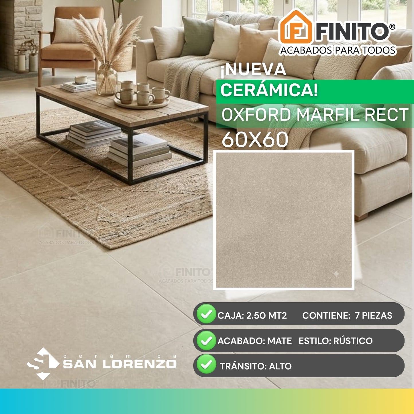 Ceramica Mate 60x60 2.50Mt2 Oxford Marfil Rect