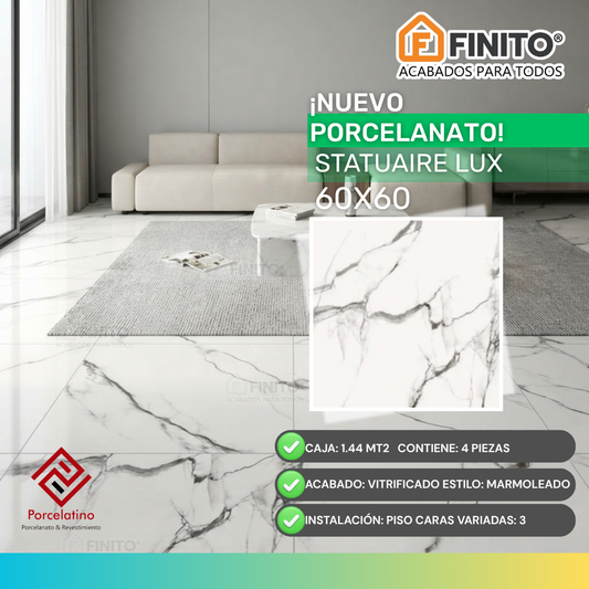 Porcelanato Brillante Marmolizado 60x60 1.44Mt2 Statuaire Lux