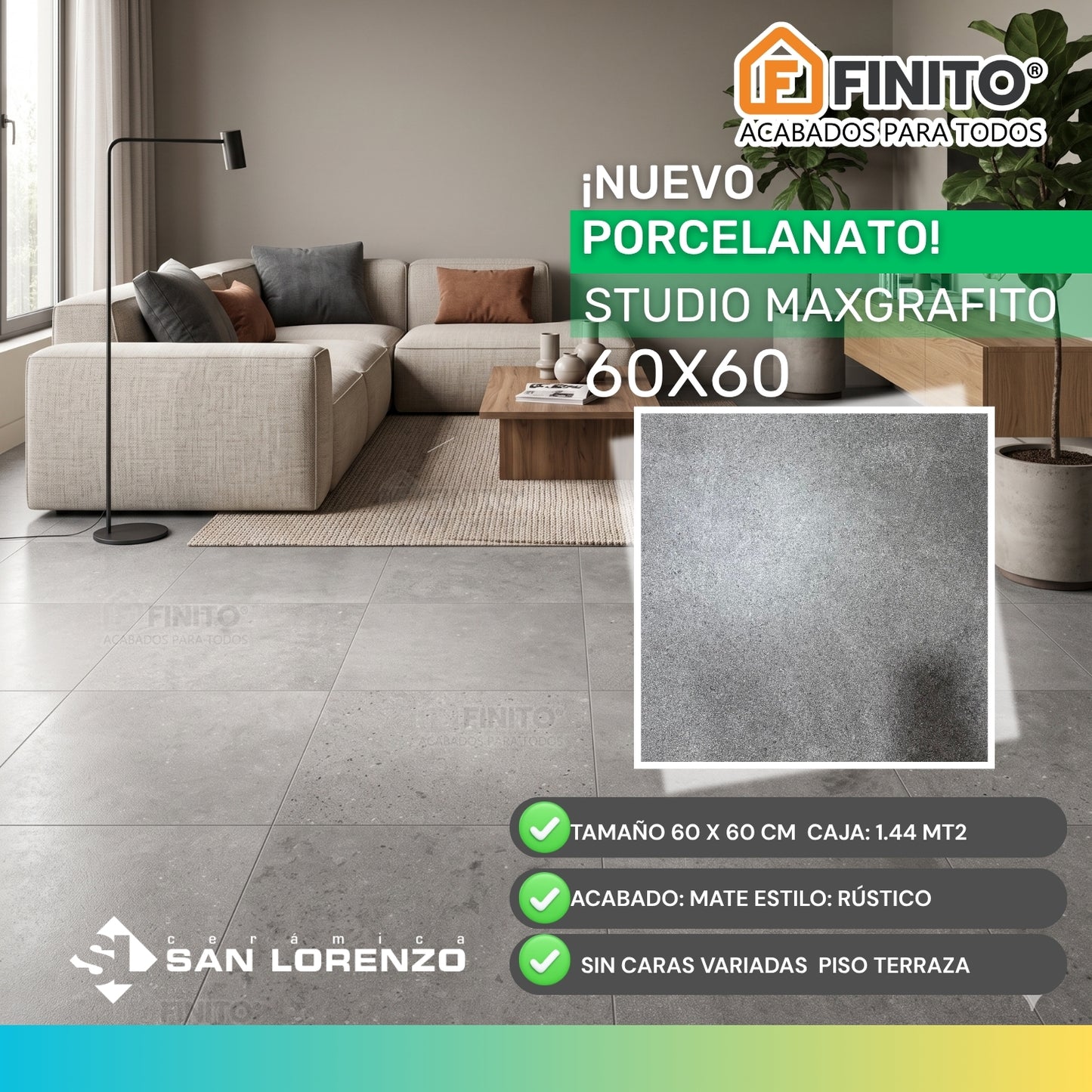 Porcelanato Antideslizante 60x60 1,44Mt2 Mate Grafito Gris