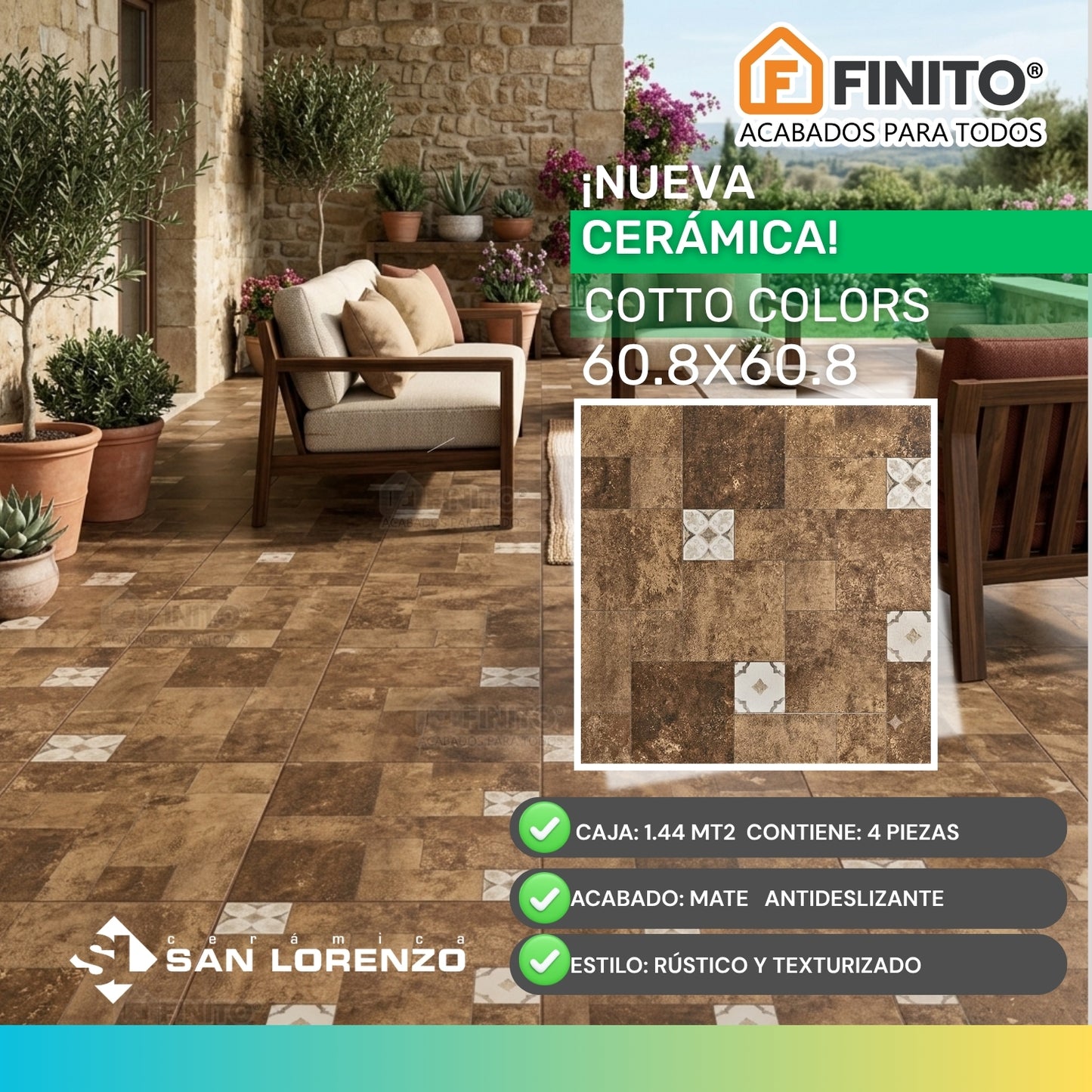 Ceramica Antideslizante 60.8x60.8 1.44Mt2 Cotto Colors