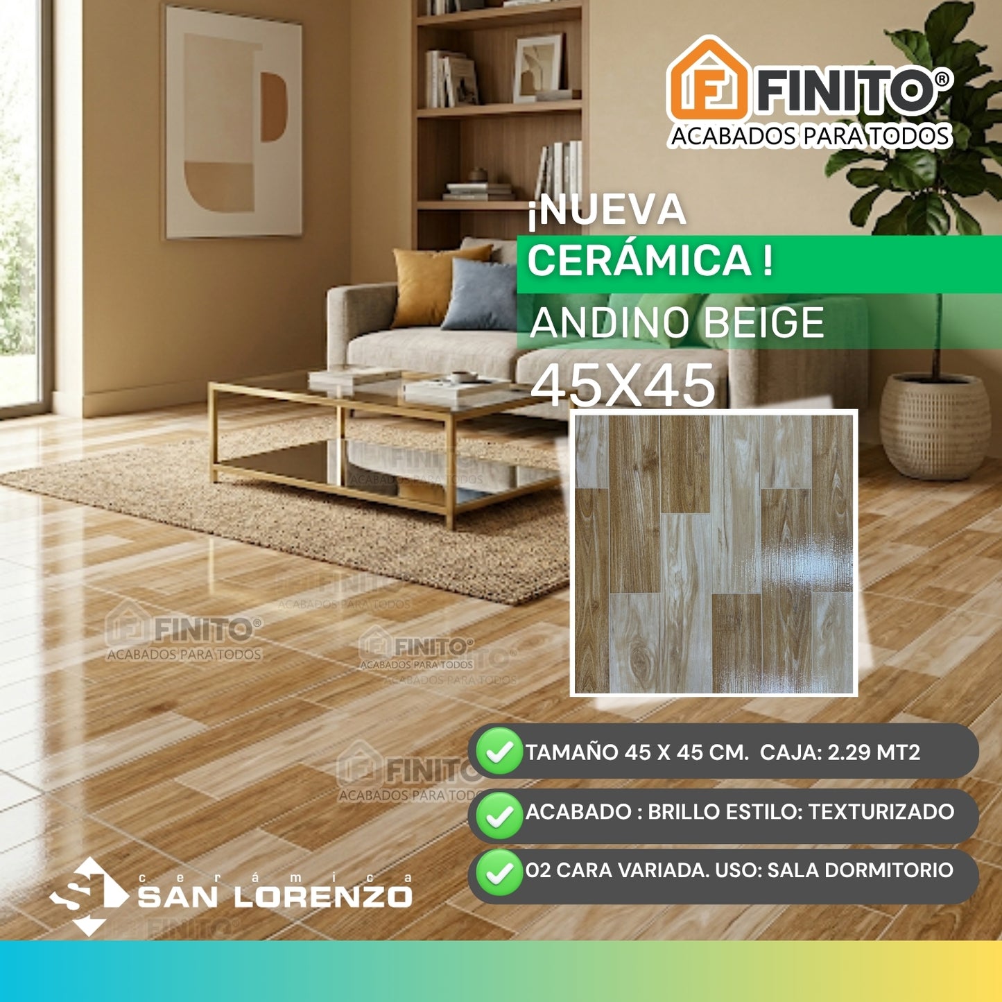 Cerámica Madera Brillante 45x45cm 2.29 m2 Andino Beige
