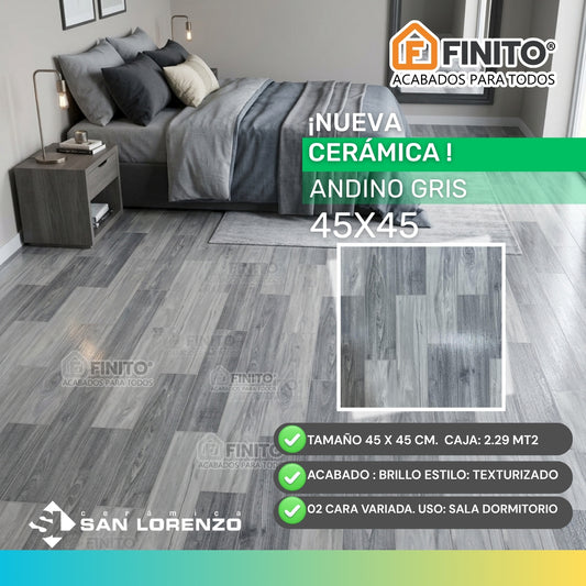 Cerámica Madera Brillante 45x45cm 2.29 m2 Andino Gris