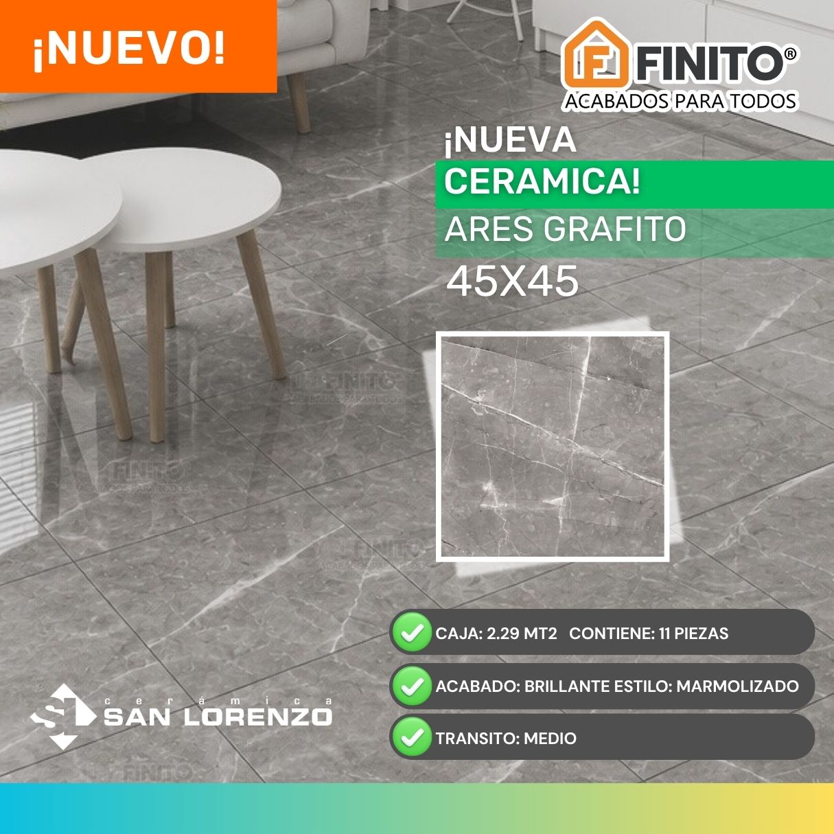 Cermica Marmolizada Ares Grafito 45x45 2.29Mt2