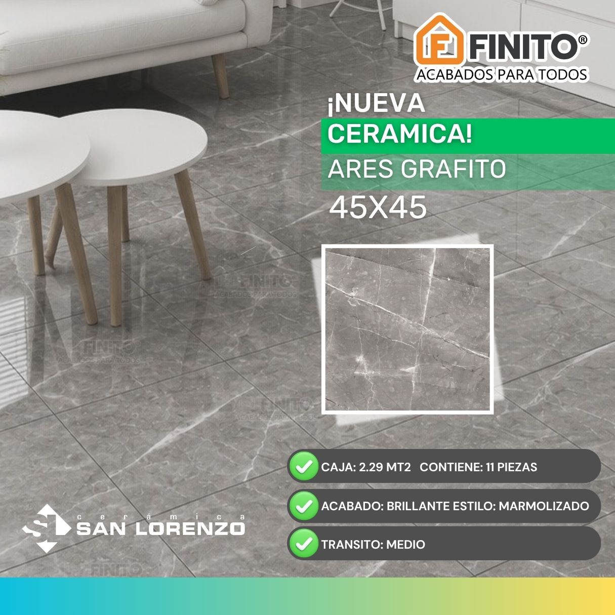 Cermica Marmolizada Ares Grafito 45x45 2.29Mt2