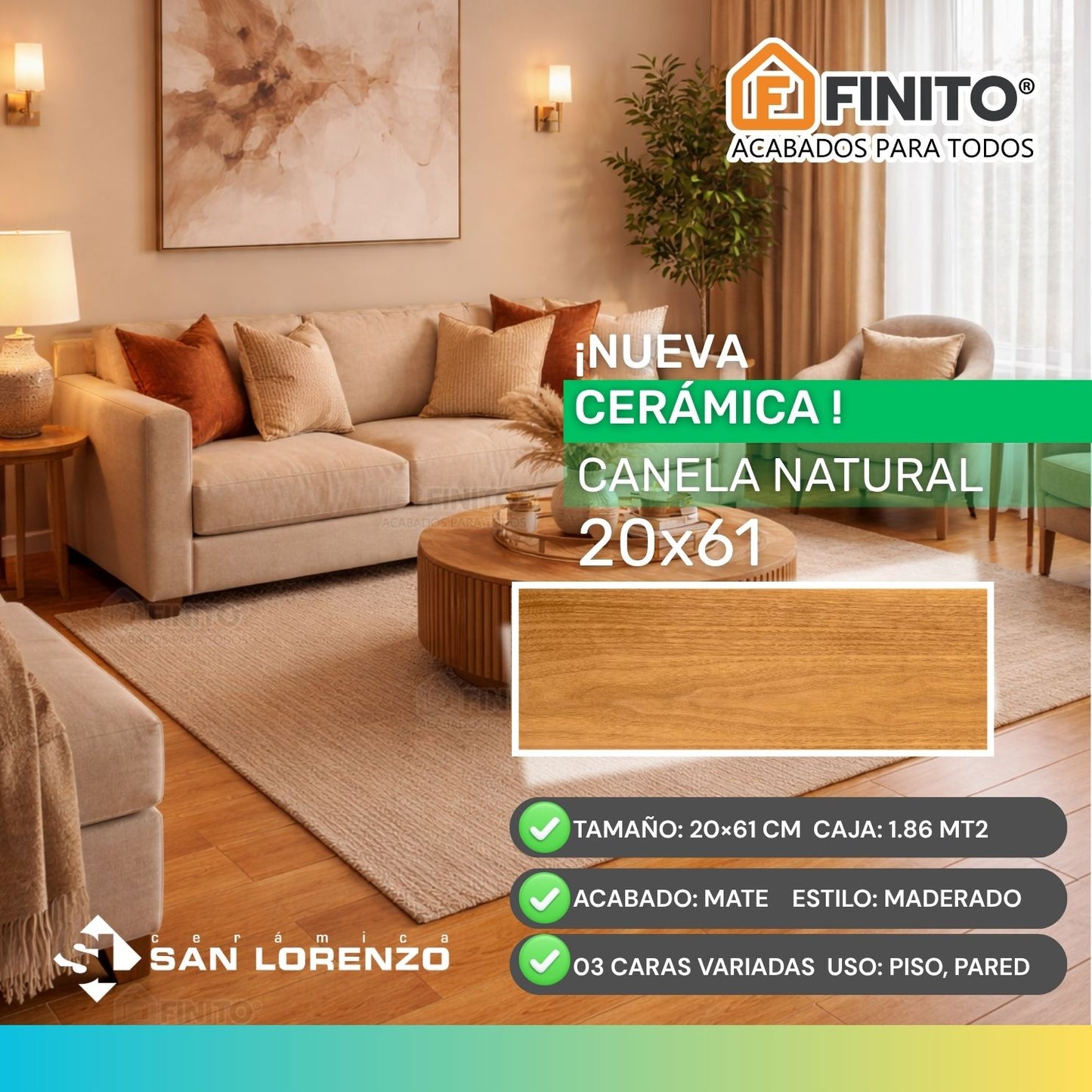 CERAMICA CANELA NATURAL 20X61 CERAMICA SAN LORENZO MATE ANTIDESLIZANTE PARA PISO