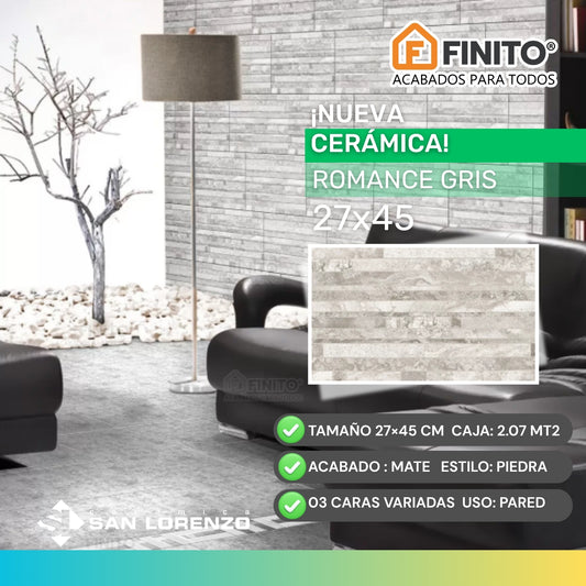 CERAMICA ACABADO MATE ESTILO PIEDRA PARA PARED ROMANCE GRIS 27X45CM 2.07MT2
