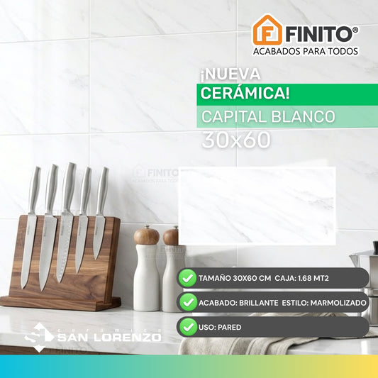 CERAMICA BLANCO ACABADO BRILLANTE ESTILO MARMOLIZADO IDEAL USO PARA PARED CAPITAL BLANCO 30X60CM 1.68MT2