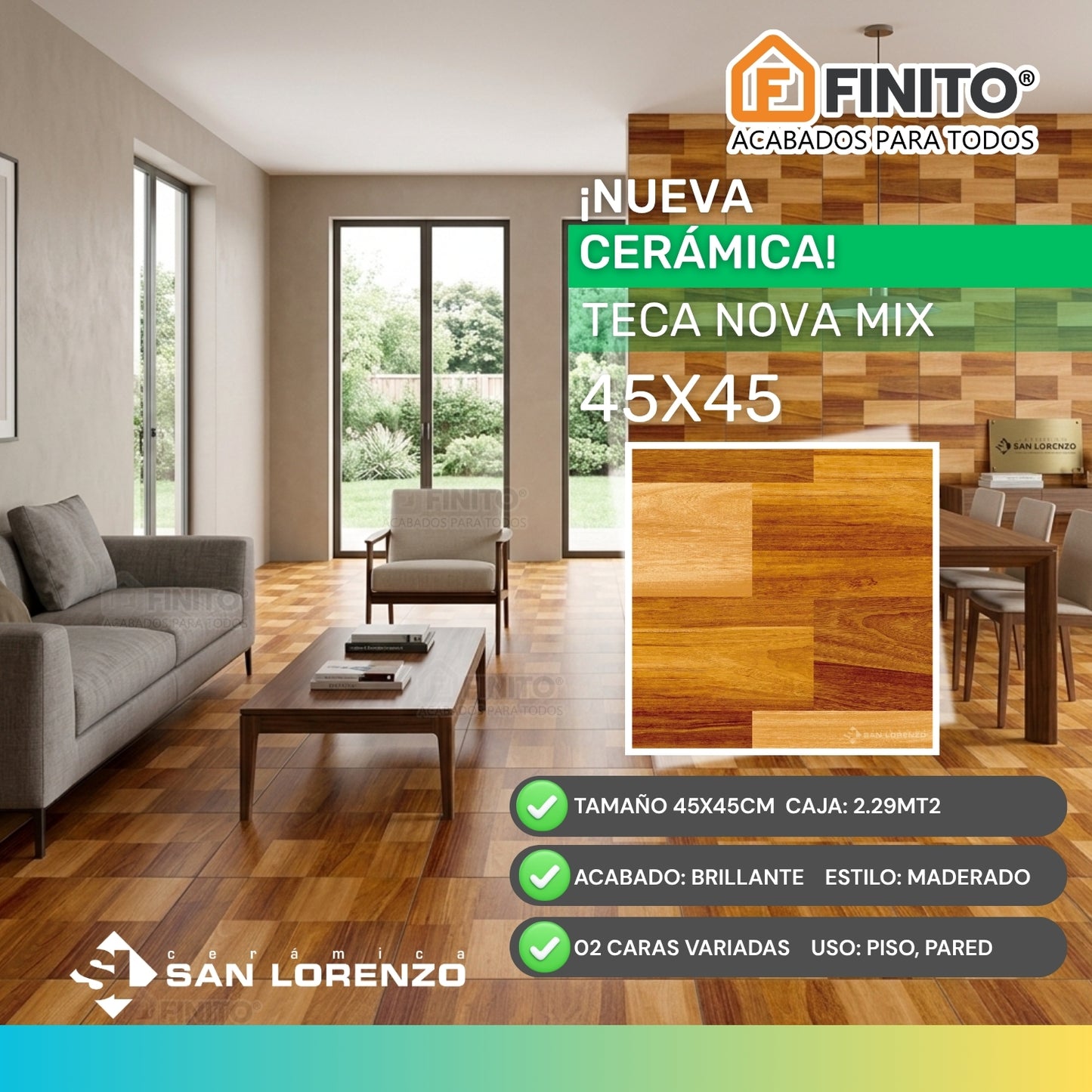 CERAMICA BRILLANTE ESTILO MADERADO PISO - PARED MARRÓN BEIGE CAMEL TECA NOVA MIX 45X45CM 2.29MT2