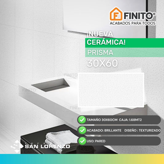 CERAMICA BRILLANTE TEXTURIZADO PARA PARED BLANCO PRISMA 30X60CM 1.68MT2
