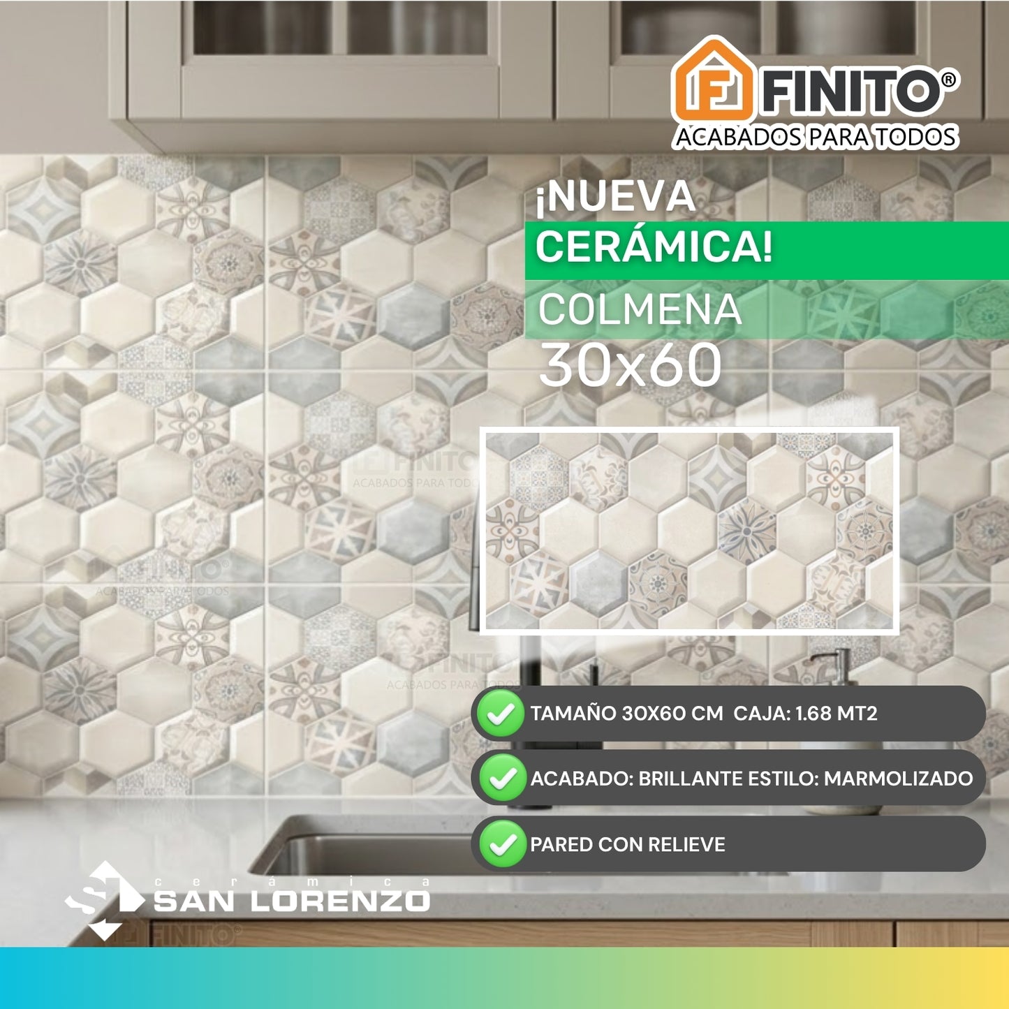 CERAMICA CON ACABADO BRILLANTE ESTILO MARMOLIZADO CON RELIEVE COLMENA 30x60CM 1.68MT2