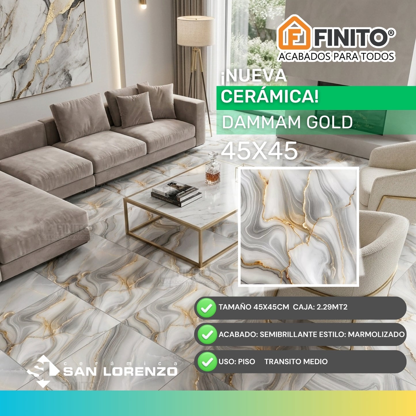 CERAMICA ESTILO MARMOLEADO GRIS, BLANCO Y DORADO DISEÑO ELEGANTE SEMIBRILLANTE TRANSITO ALTO DAMMAM GOLD 45X45CM 2.29MT2