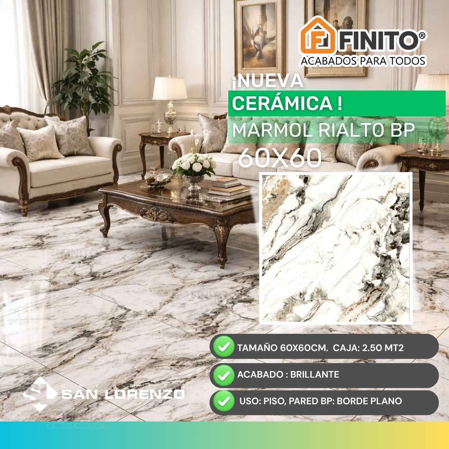 CERAMICA MARMOLEADA PARA PISO MARMOL RIALTO 60X60 2.50MT2