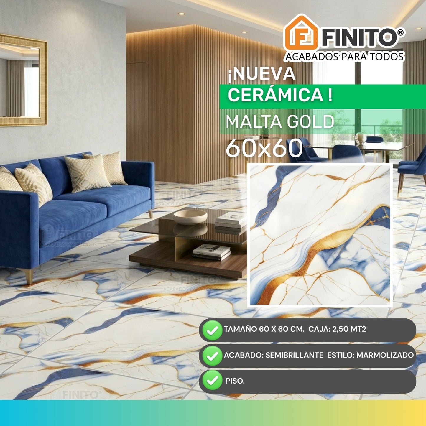 CERAMICA MARMOLIZADA AZUL PARA PISO MALTA GOLD 60 X 60 2.50 MT2