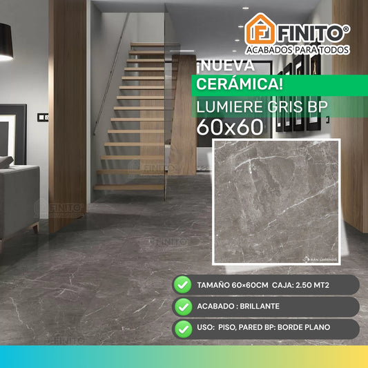 CERAMICA MARMOLIZADA GRIS PARA SALA LUMIERE GRIS 60 X 60 CM 2.50 MT2