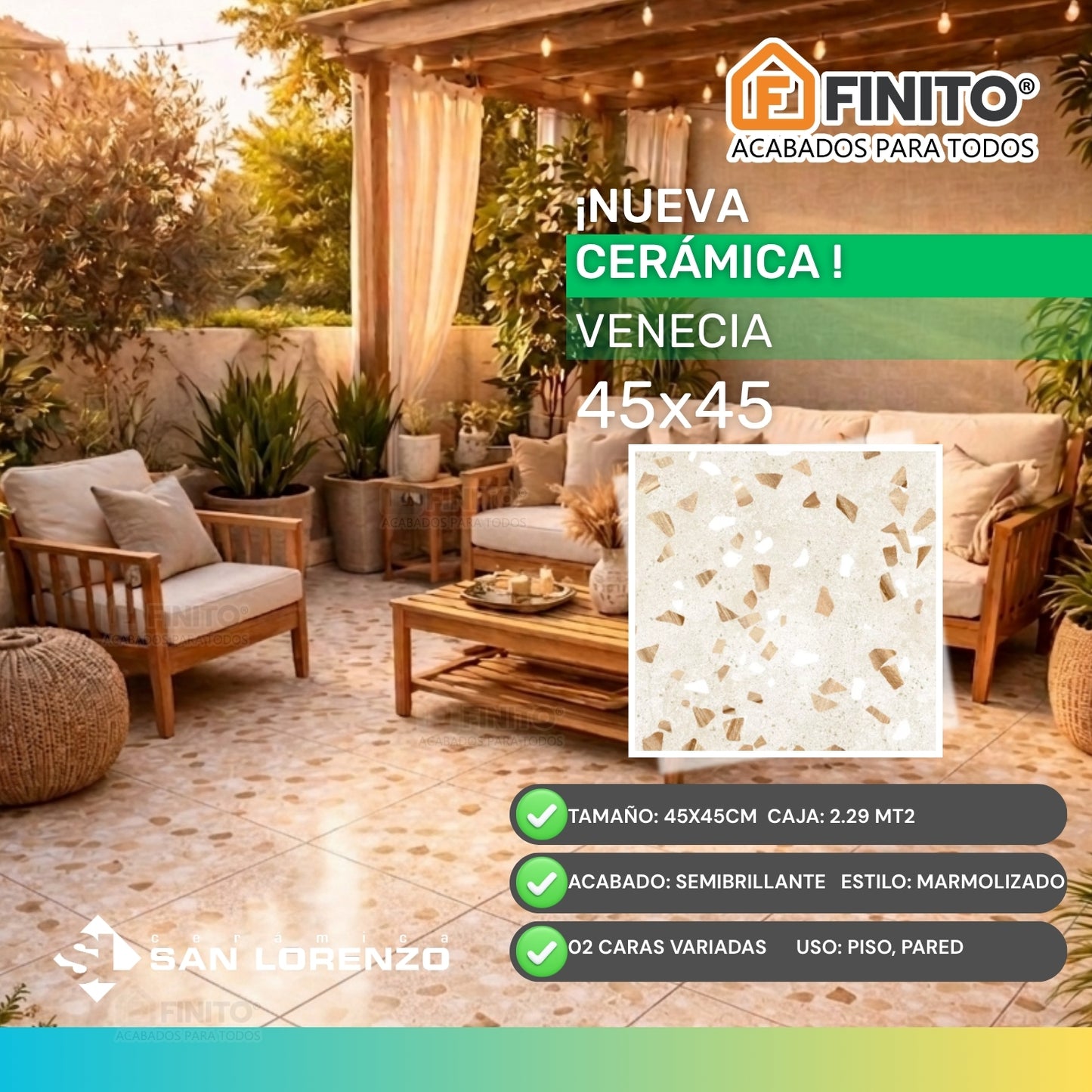 CERAMICA MARMOLIZADA SEMIBRILLANTE BEIGE PARED-PISO VENECIA 45x45CM 2.29MT2