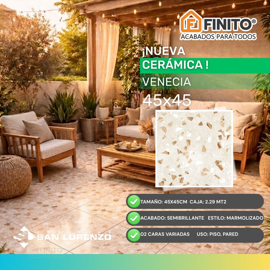CERAMICA MARMOLIZADA SEMIBRILLANTE BEIGE PARED-PISO VENECIA 45x45CM 2.29MT2