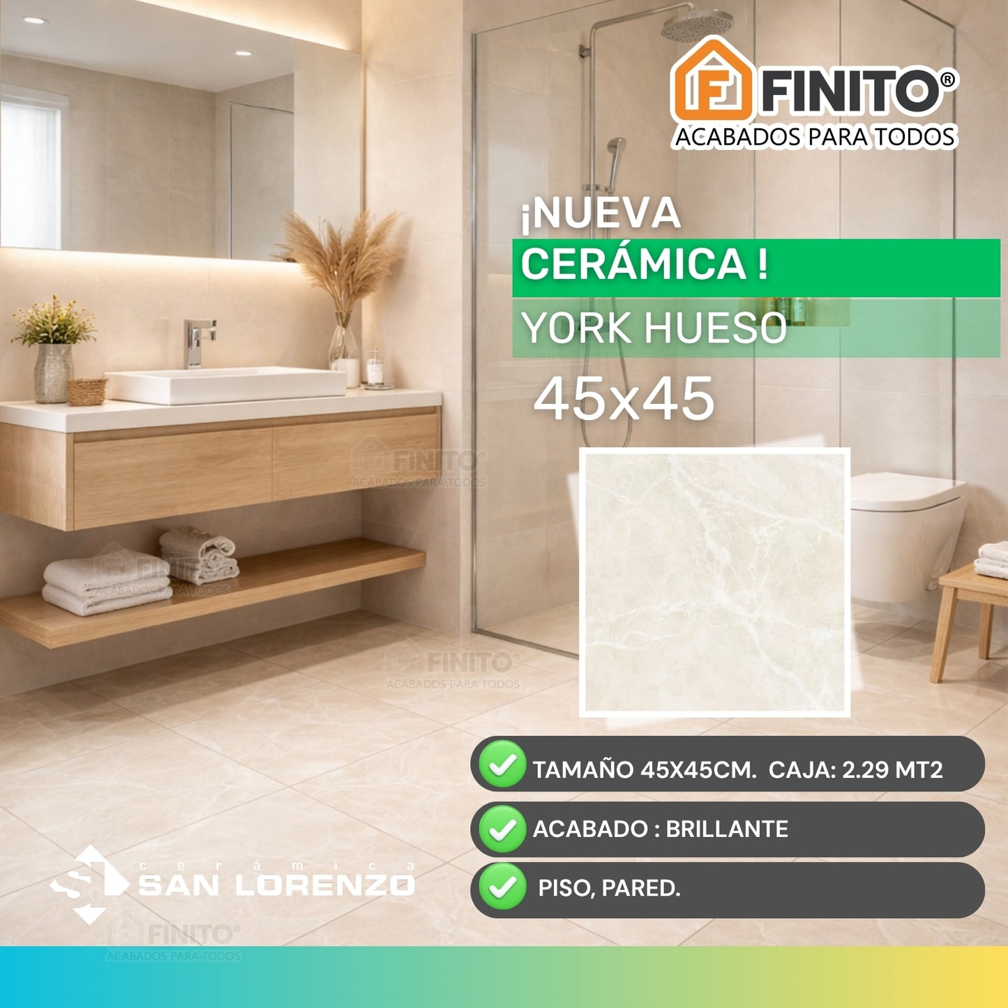 CERAMICA MARMOLIZADO BLANCO HUESO PARA PISO Y PARED YORK HUESO 45 X 45 CM 2.29 MT2